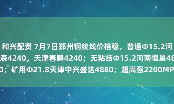 和兴配资 7月7日郑州钢绞线价格稳，普通Φ15.2河南恒星4320，辛集澳森4240，天津春鹏4240；无粘结Φ15.2河南恒星4820；矿用Φ21.8天津中兴盛达4880；超高强2200MPa天津银龙6730。（元/吨）